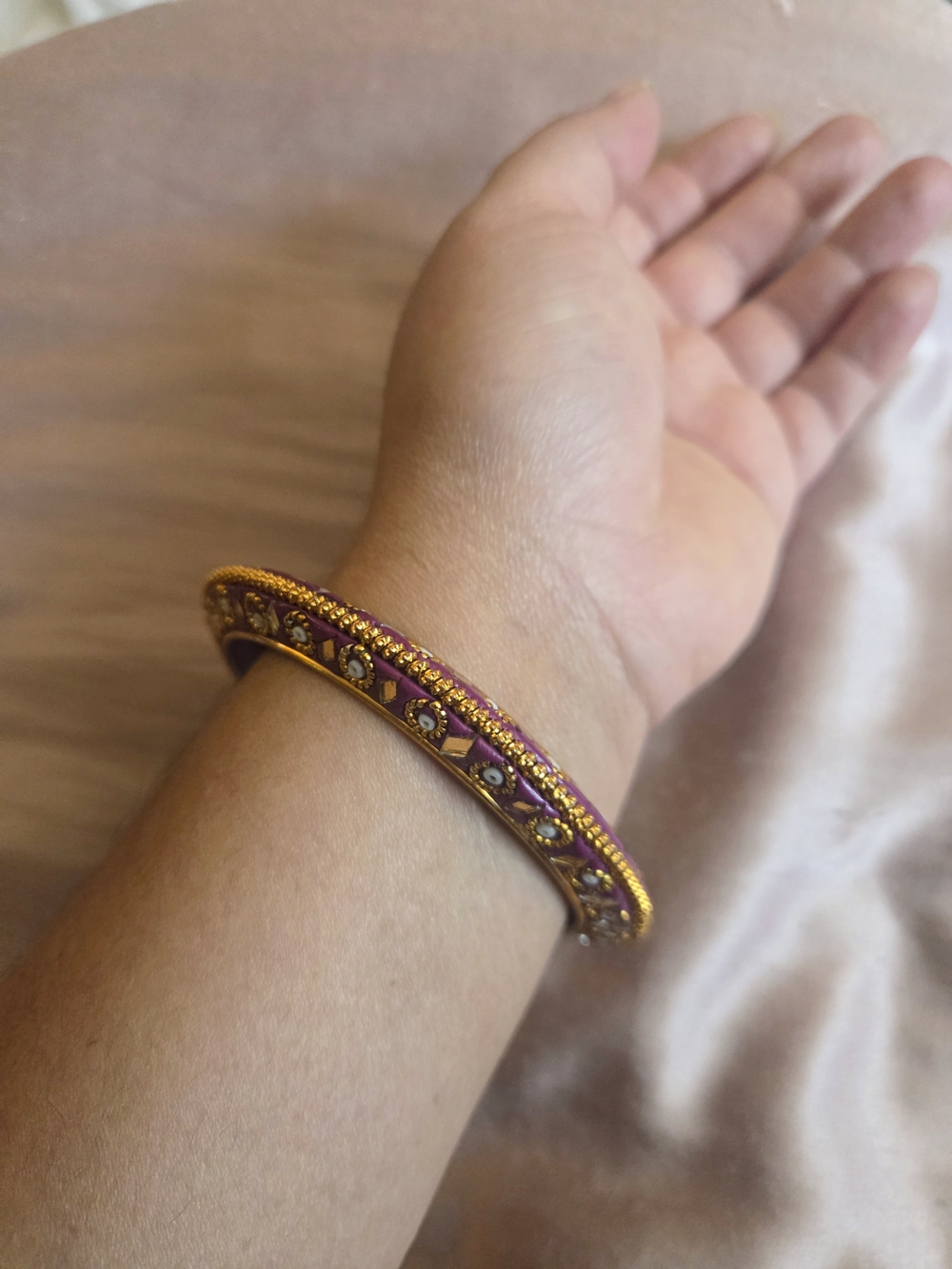 Indian Pink And Gold Wooden Handpainted Bangle